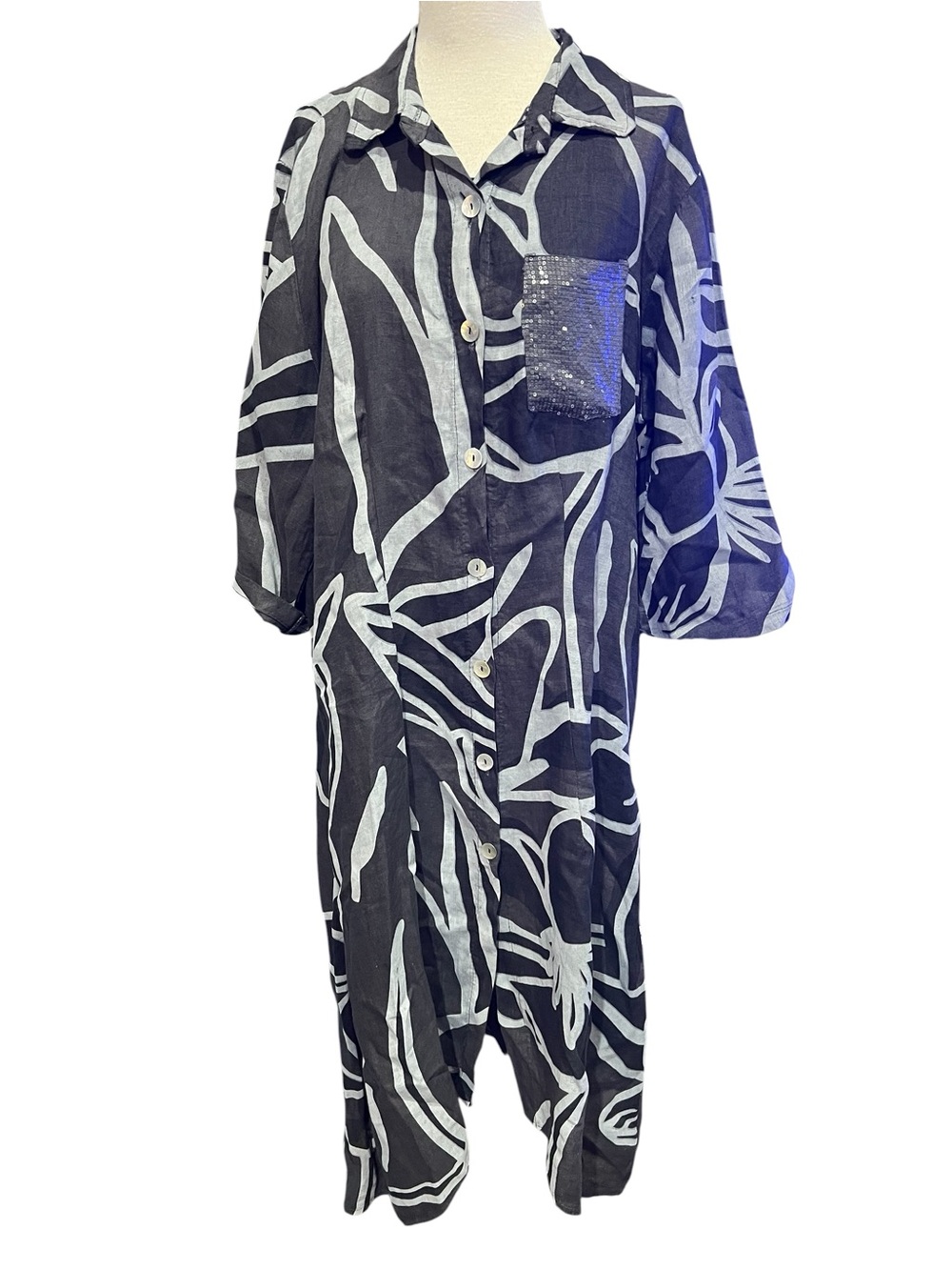 Black & White Abstract Dress with Sequin Pocket | Artsy Oversized Boho Lagenlook